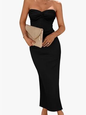 Strapless Black Twist-Front Midi Dress